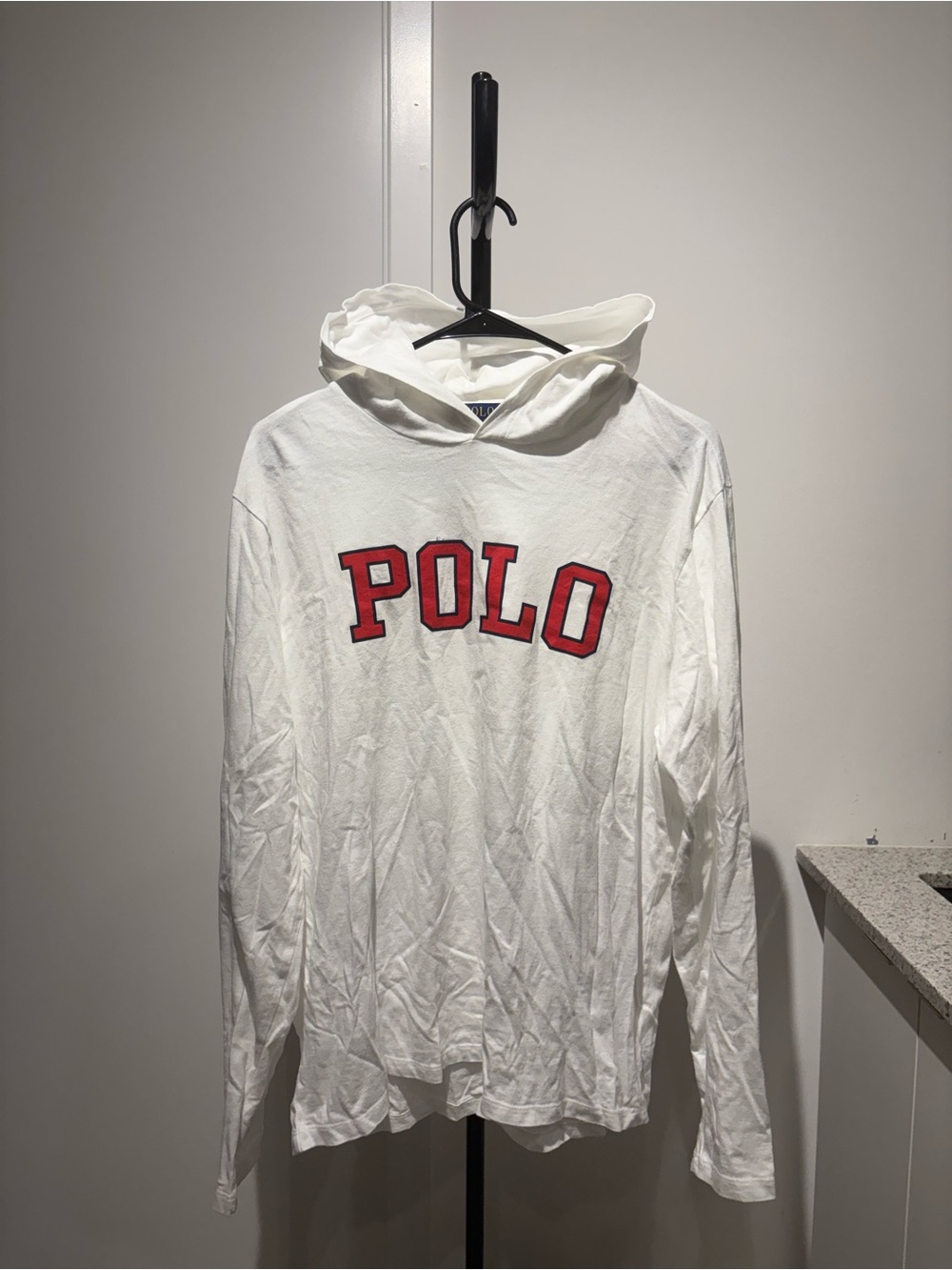 Ralph Lauren White Crewneck Hoodie with Red POLO Chest Logo